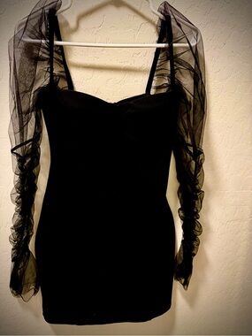 A Classy Chic Boutique Black Mesh-Sleeve Midi Bodycon Dress